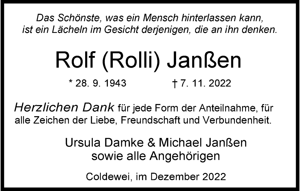  Traueranzeige für Rolf Janßen vom 03.12.2022 aus Wilhelmshavener Zeitung