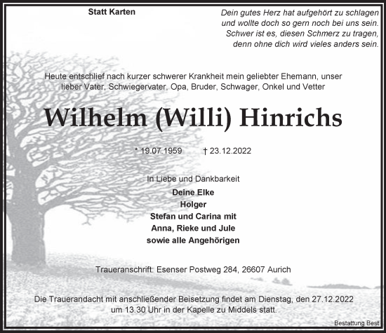 Traueranzeige von Wilhelm Hinrichs von Anzeiger für Harlingerland