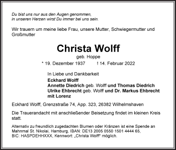 Traueranzeige von Christa Wolff von Wilhelmshavener Zeitung