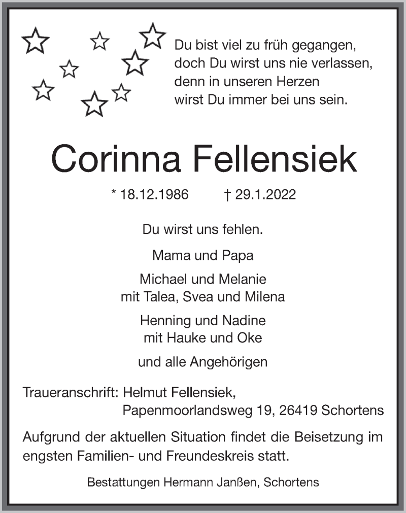  Traueranzeige für Corinna Fellensiek vom 05.02.2022 aus Anzeiger für Harlingerland