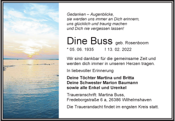 Traueranzeige von Dine Buss von Wilhelmshavener Zeitung