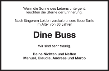 Traueranzeige von Dine Buss von Wilhelmshavener Zeitung
