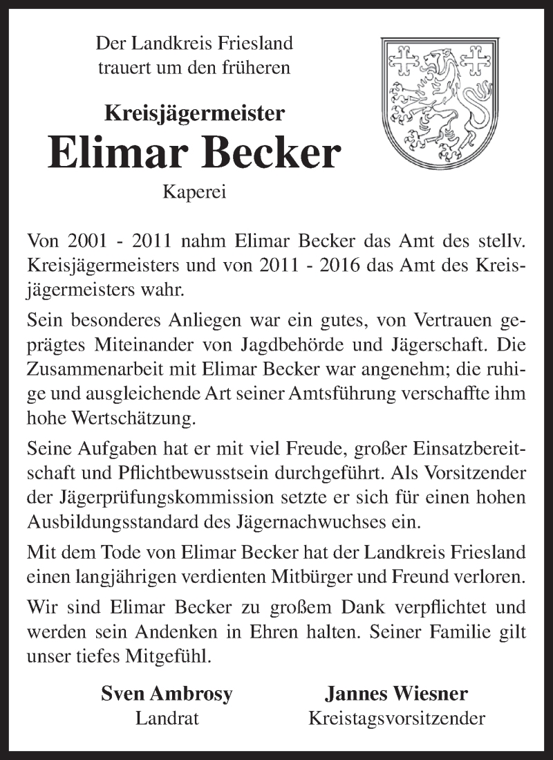  Traueranzeige für Elimar Becker vom 03.02.2022 aus Anzeiger für Harlingerland