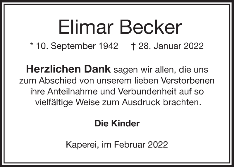  Traueranzeige für Elimar Becker vom 26.02.2022 aus Anzeiger für Harlingerland