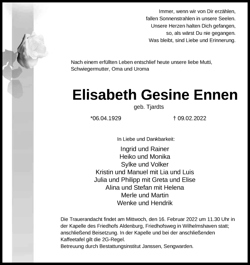  Traueranzeige für Elisabeth Gesine Ennen vom 12.02.2022 aus Wilhelmshavener Zeitung
