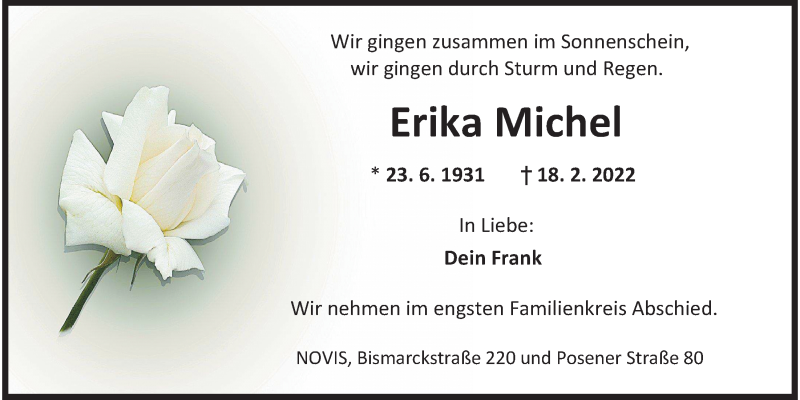  Traueranzeige für Erika Michel vom 26.02.2022 aus Wilhelmshavener Zeitung