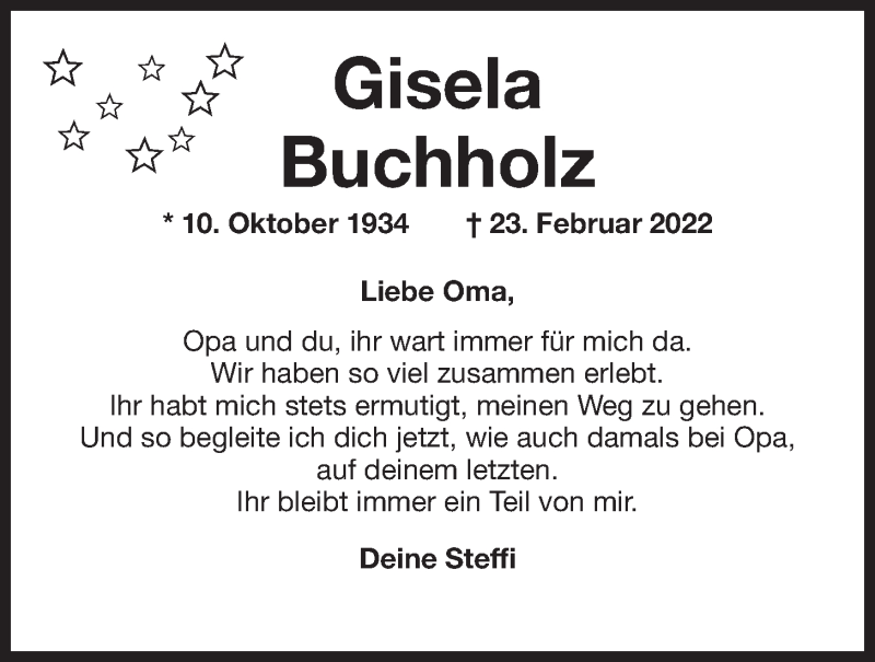  Traueranzeige für Gisela Buchholz vom 26.02.2022 aus Wilhelmshavener Zeitung