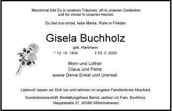 Traueranzeige von Gisela Buchholz von Wilhelmshavener Zeitung