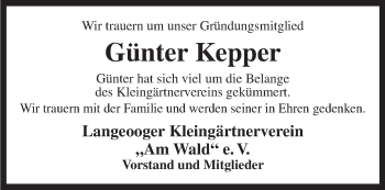 Traueranzeige von Günter Kepper von Anzeiger für Harlingerland