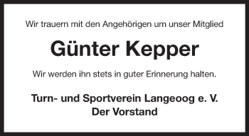 Traueranzeige von Günter Kepper von Anzeiger für Harlingerland