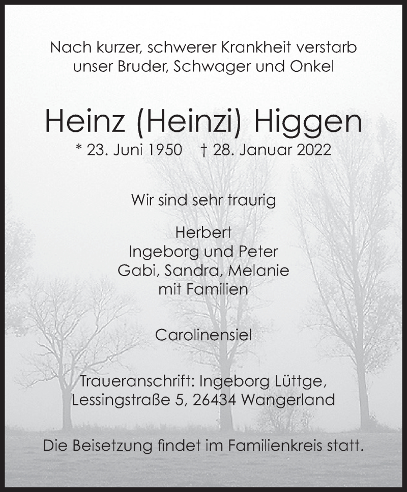  Traueranzeige für Heinz Higgen vom 05.02.2022 aus Anzeiger für Harlingerland