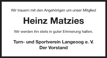 Traueranzeige von Heinz Matzies von Anzeiger für Harlingerland