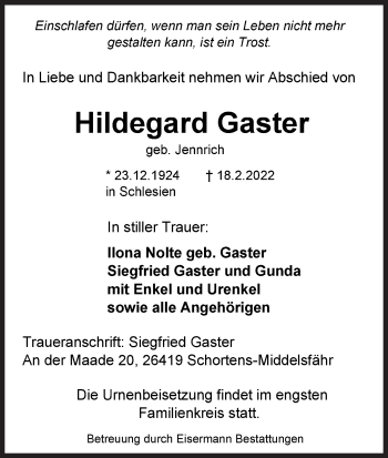 Traueranzeige von Hildegard Gaster von Wilhelmshavener Zeitung