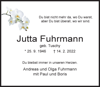 Traueranzeige von Jutta Fuhrmann von Wilhelmshavener Zeitung