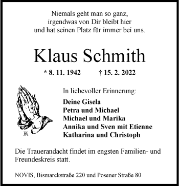 Traueranzeige von Klaus Schmith von Wilhelmshavener Zeitung