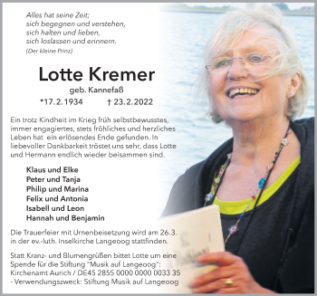 Traueranzeige von Lotte Kremer von Anzeiger für Harlingerland