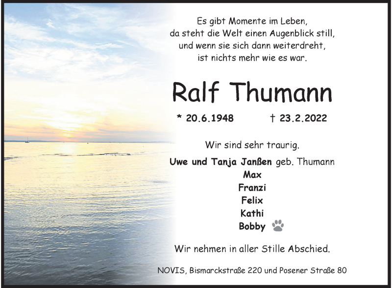  Traueranzeige für Ralf Thumann vom 26.02.2022 aus Wilhelmshavener Zeitung