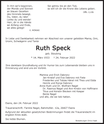 Traueranzeige von Ruth Speck von Anzeiger für Harlingerland