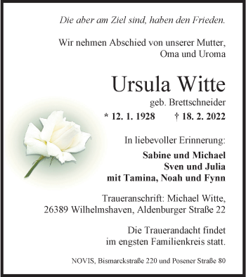 Traueranzeige von Ursula Witte von Wilhelmshavener Zeitung