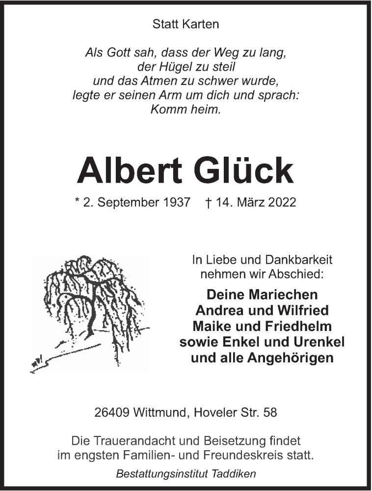  Traueranzeige für Albert Glück vom 16.03.2022 aus Anzeiger für Harlingerland