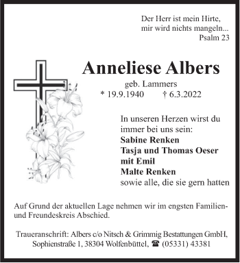 Traueranzeige von Anneliese Albers von Anzeiger für Harlingerland