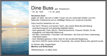 Traueranzeige von Dine Buss von Wilhelmshavener Zeitung