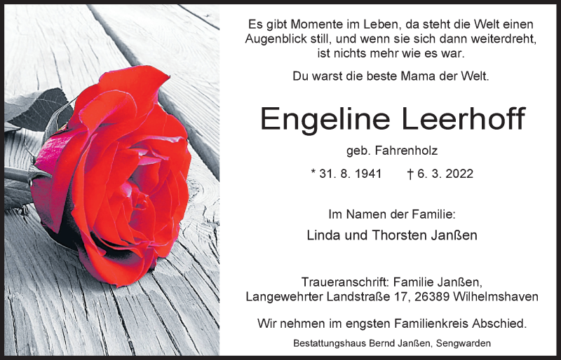  Traueranzeige für Engeline Leerhoff vom 12.03.2022 aus Wilhelmshavener Zeitung