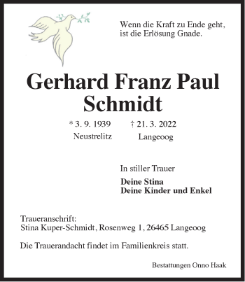 Traueranzeige von Gerhard Franz Paul Schmidt von Anzeiger für Harlingerland