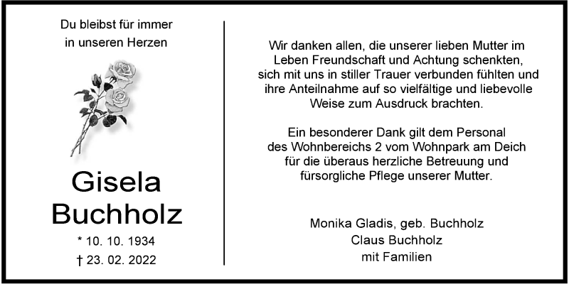  Traueranzeige für Gisela Buchholz vom 19.03.2022 aus Wilhelmshavener Zeitung