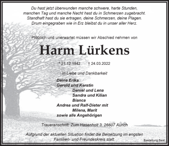 Traueranzeige von Harm Lürkens von Anzeiger für Harlingerland