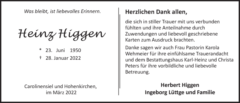  Traueranzeige für Heinz Higgen vom 05.03.2022 aus Anzeiger für Harlingerland