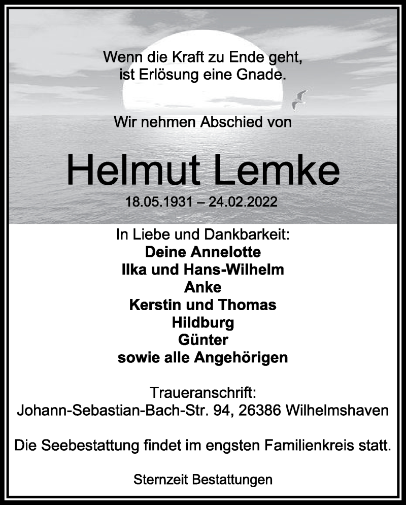  Traueranzeige für Helmut Lemke vom 05.03.2022 aus Wilhelmshavener Zeitung