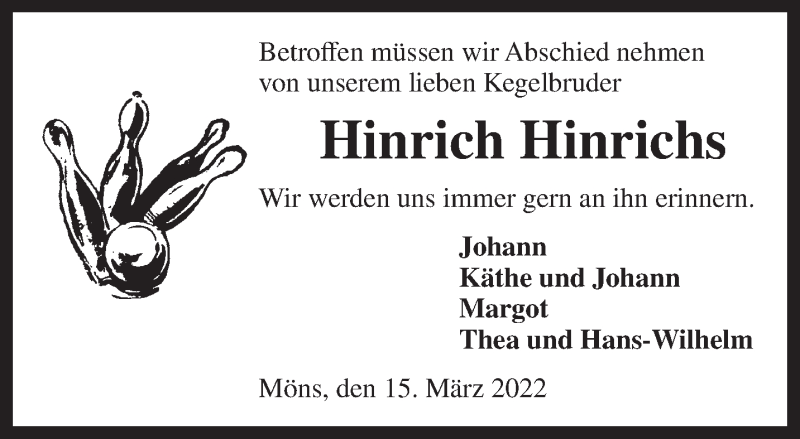 Traueranzeigen Von Hinrich Hinrichs | Nordwest-trauer.de