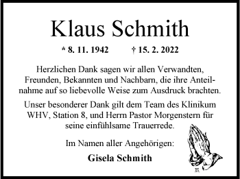 Traueranzeige von Klaus Schmith von Wilhelmshavener Zeitung