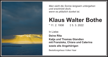Traueranzeige von Klaus Walter Bothe von Wilhelmshavener Zeitung