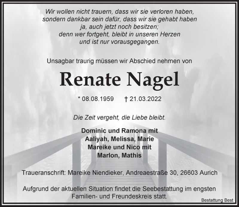  Traueranzeige für Renate Nagel vom 23.03.2022 aus Anzeiger für Harlingerland