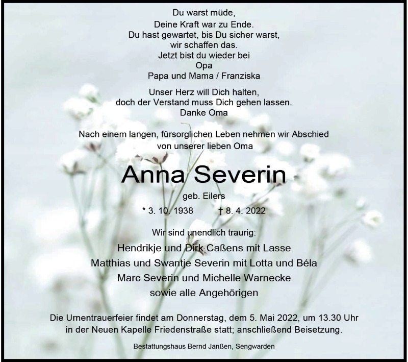  Traueranzeige für Anna Severin vom 16.04.2022 aus Wilhelmshavener Zeitung