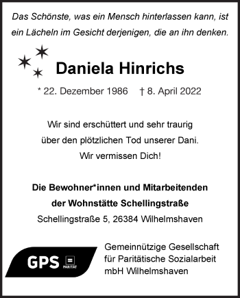 Traueranzeige von Daniela Hinrichs von Wilhelmshavener Zeitung