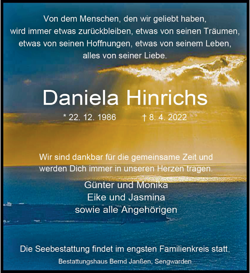  Traueranzeige für Daniela Hinrichs vom 16.04.2022 aus Wilhelmshavener Zeitung