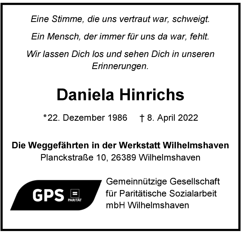  Traueranzeige für Daniela Hinrichs vom 16.04.2022 aus Wilhelmshavener Zeitung