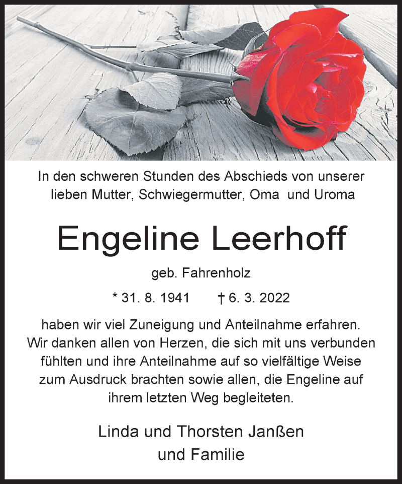  Traueranzeige für Engeline Leerhoff vom 09.04.2022 aus Wilhelmshavener Zeitung