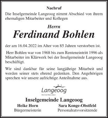 Traueranzeige von Ferdinand Bohlen von Anzeiger für Harlingerland