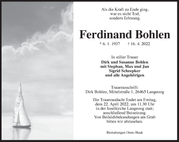 Traueranzeige von Ferdinand Bohlen von Anzeiger für Harlingerland