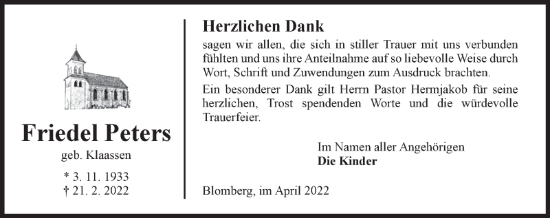  Traueranzeige für Friedel Peters vom 09.04.2022 aus Anzeiger für Harlingerland