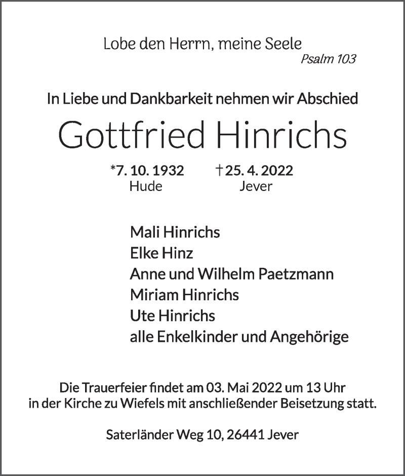  Traueranzeige für Gottfried Hinrichs vom 28.04.2022 aus Anzeiger für Harlingerland