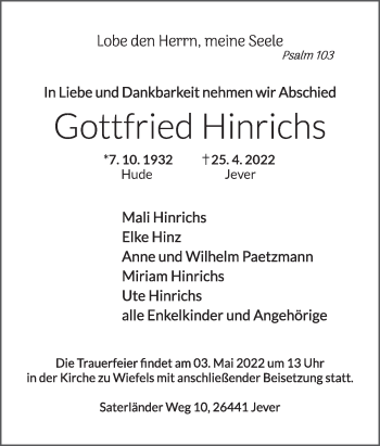 Traueranzeige von Gottfried Hinrichs von Anzeiger für Harlingerland