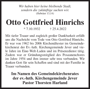 Traueranzeige von Gottfried Hinrichs von Anzeiger für Harlingerland