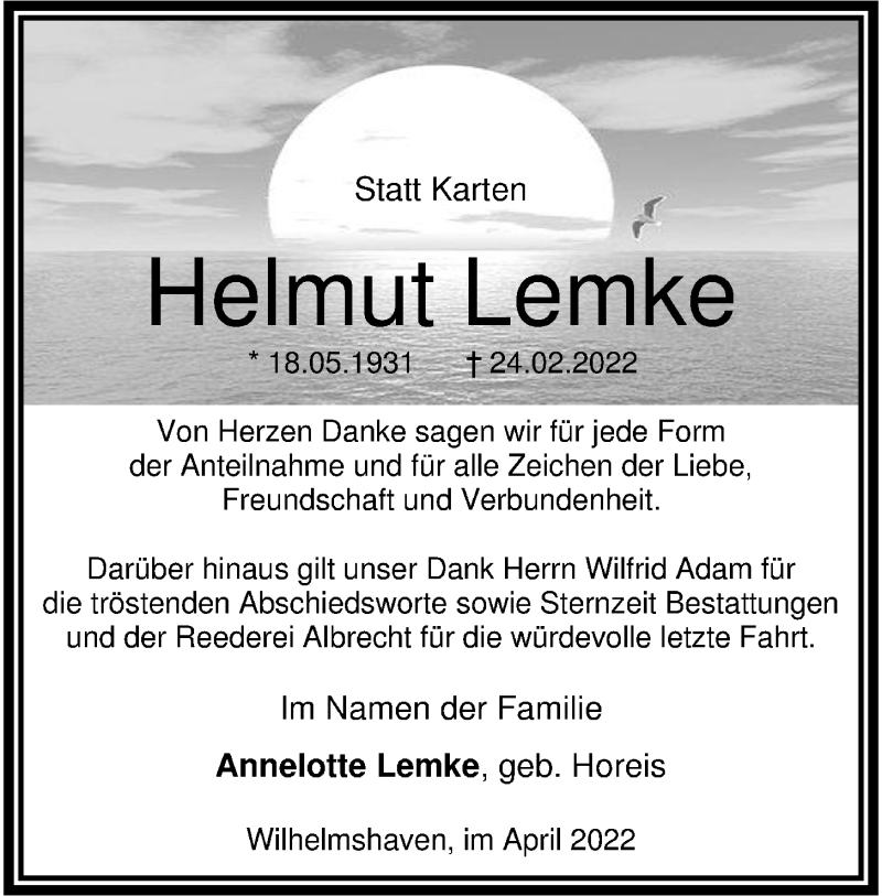  Traueranzeige für Helmut Lemke vom 02.04.2022 aus Wilhelmshavener Zeitung