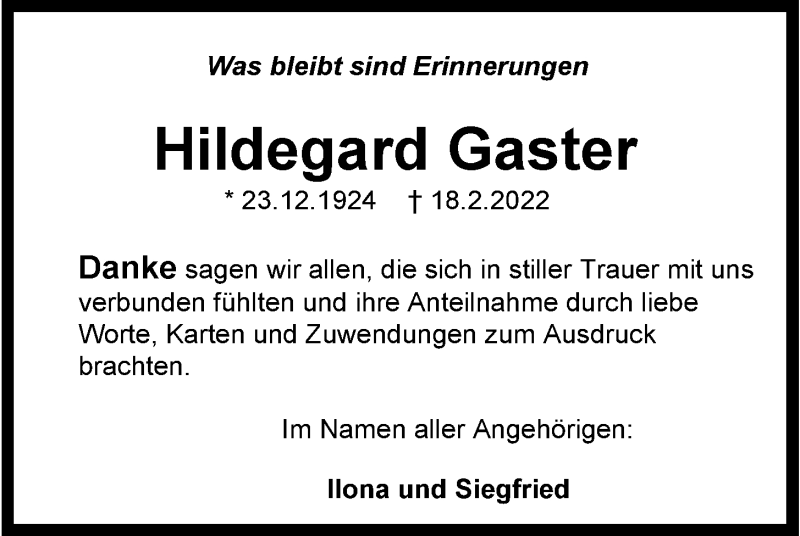  Traueranzeige für Hildegard Gaster vom 02.04.2022 aus Wilhelmshavener Zeitung