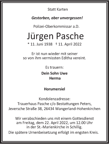 Traueranzeige von Jürgen Pasche von Anzeiger für Harlingerland